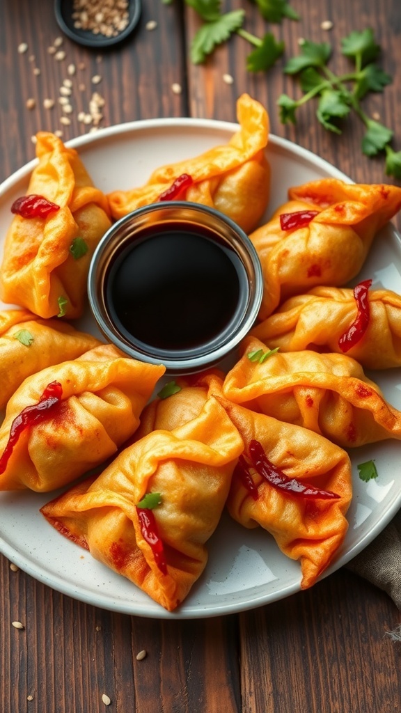 Air Fryer Rice Paper Shrimp Dumplings Recipe Crispy air fryer shrimp dumplings on a plate with soy sauce, garnished with herbs and sesame seeds.